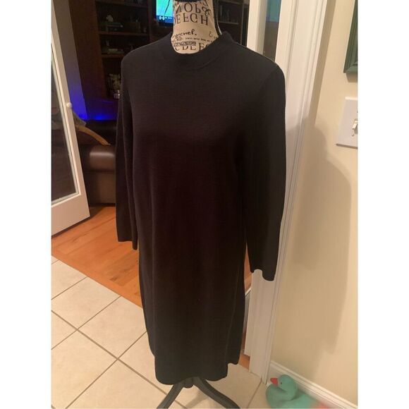 J. McLAUGHLIN Black Stretchy Knit 3/4 Sleeve Dress w/ Vegan Leather Trim - Picture 1 of 9
